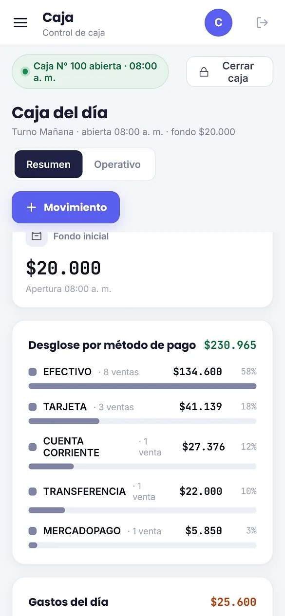 Caja del día en el celular con desglose por método de pago