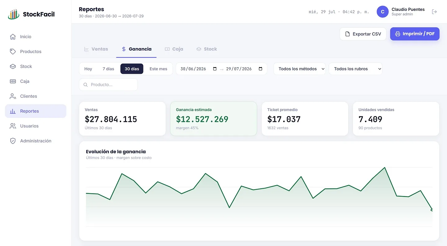 Reporte de ganancia estimada en la app web de StockFacil